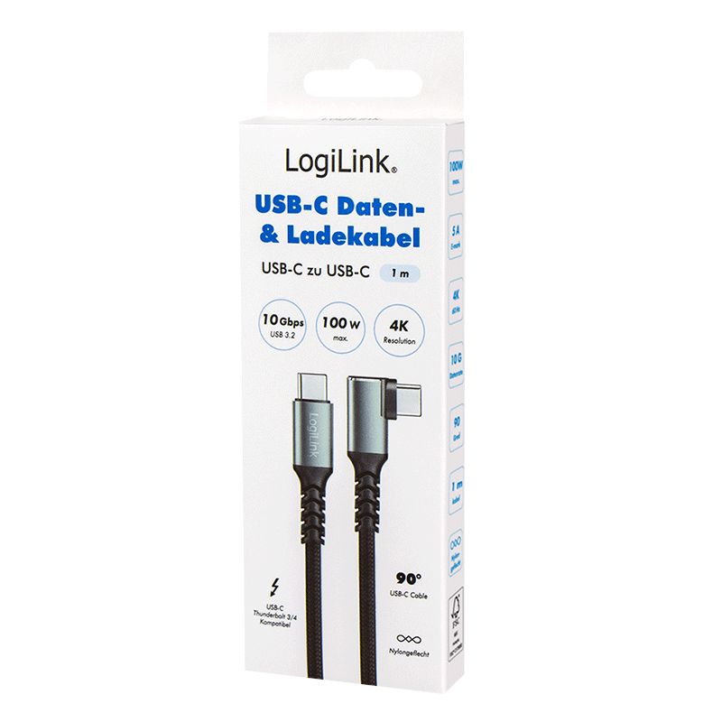Logilink 3.2 Gen2 Type-C cable C/M 90° to C/M 100W 4K metal 1m Black