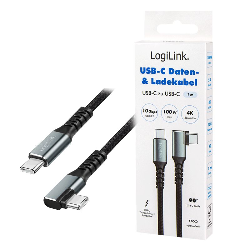 Logilink 3.2 Gen2 Type-C cable C/M 90° to C/M 100W 4K metal 1m Black