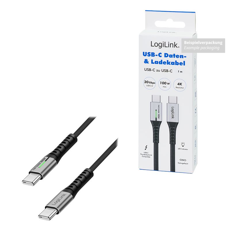 Logilink 3.2 Gen2 Type-C cable C/M  to C/M 100W 4K LED metal 1,5m Black