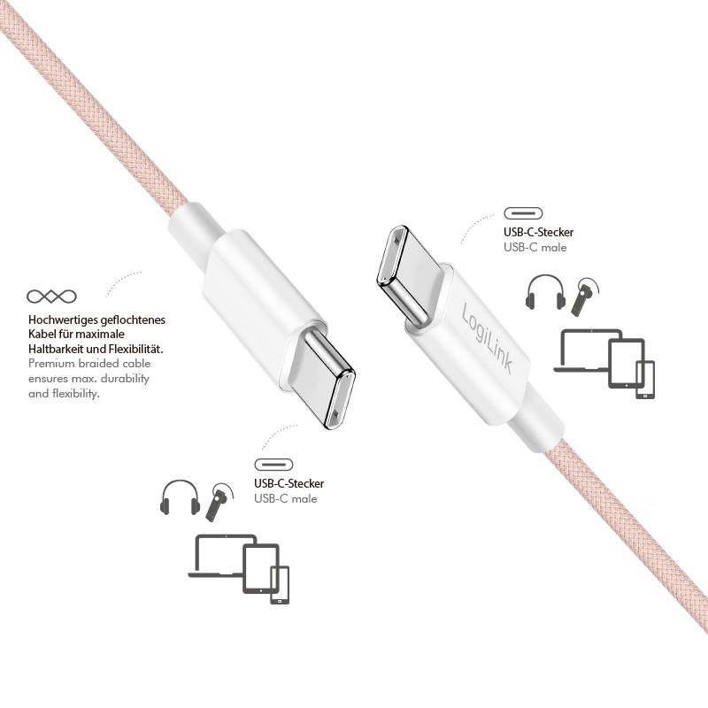 Logilink Logilink USB 2.0 Type-C C/M to C/M 60W cable 0,5m Pink