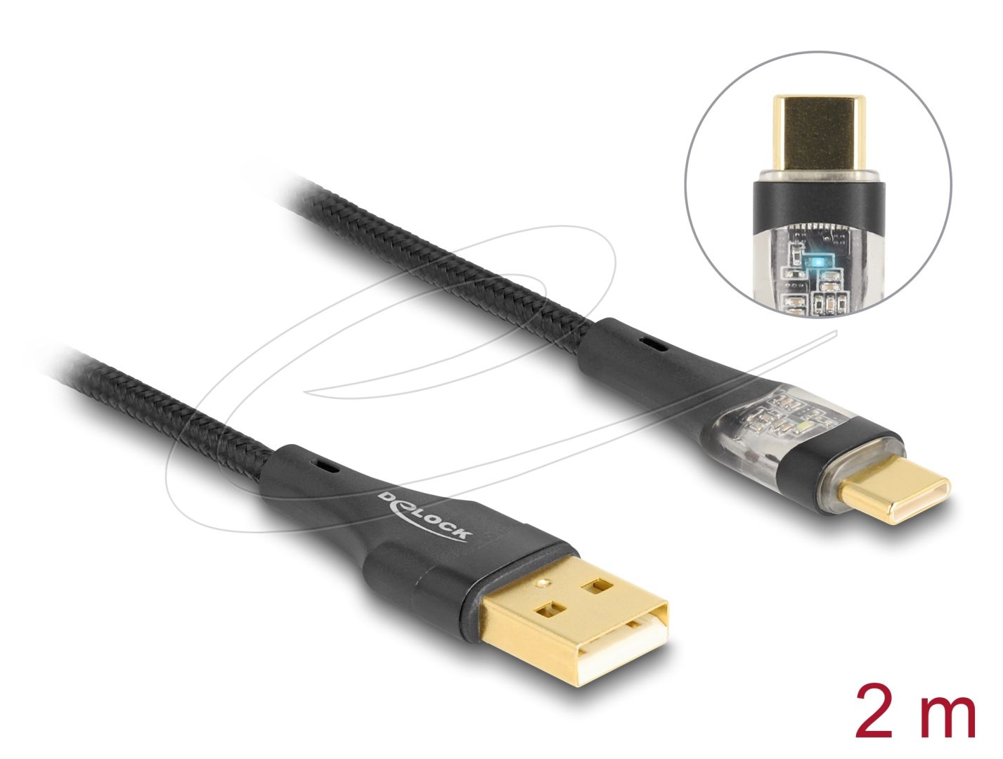 DeLock USB 2.0 Type-A male to USB Type-C male with Fast Charging 60W 2m Black/Transparent