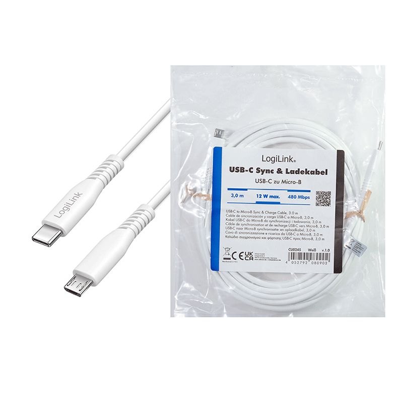 Logilink USB 2.0 Type-C cable C/M to micro USB/M 12W 0,5m White