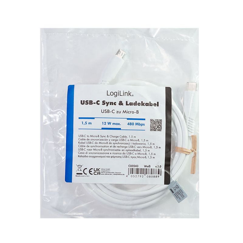 Logilink USB 2.0 Type-C cable C/M to micro USB/M 12W 1,5m White