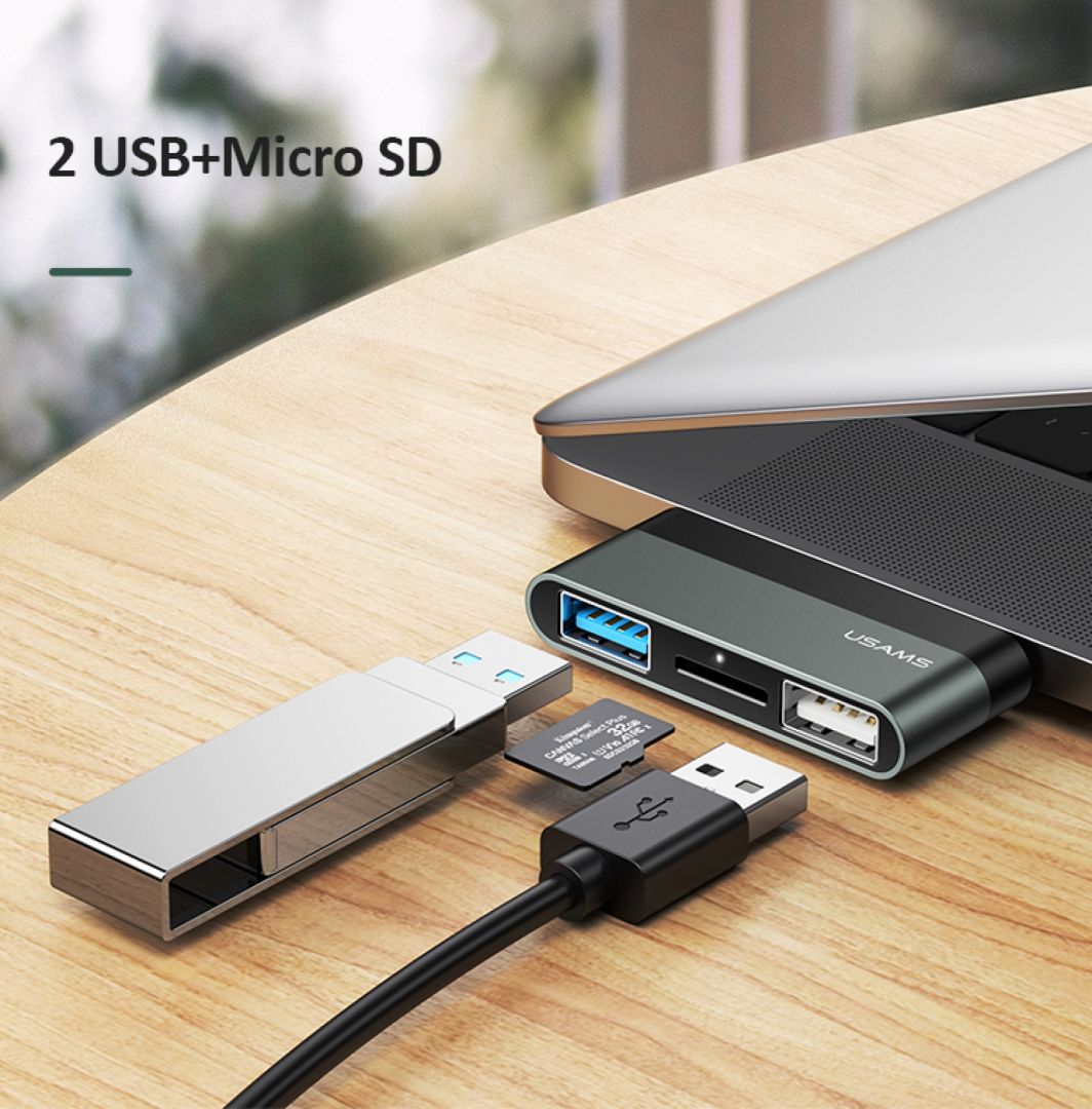 Usams SJ463HUB01 3-port Type-c mini Hub Card Reader Black