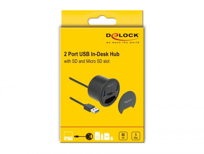 DeLock 2 Port Tisch-Hub 2 x SuperSpeed USB Typ-A with Card Reader Black