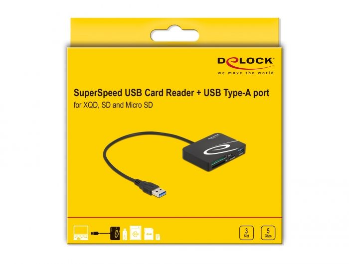DeLock Card Reader for XQD / SD / Micro SD memory cards + USB Type-A port