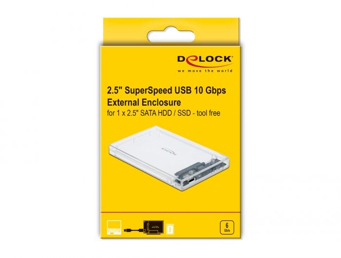 DeLock External Enclosure for 2,5″ SATA HDD / SSD with USB Type-C female transparent tool free