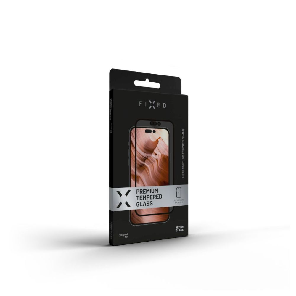 FIXED Armor teljes kijelzőt fedő 2,5D edzett üvegfólia applikátorral Apple iPhone 15 Pro Max, fekete