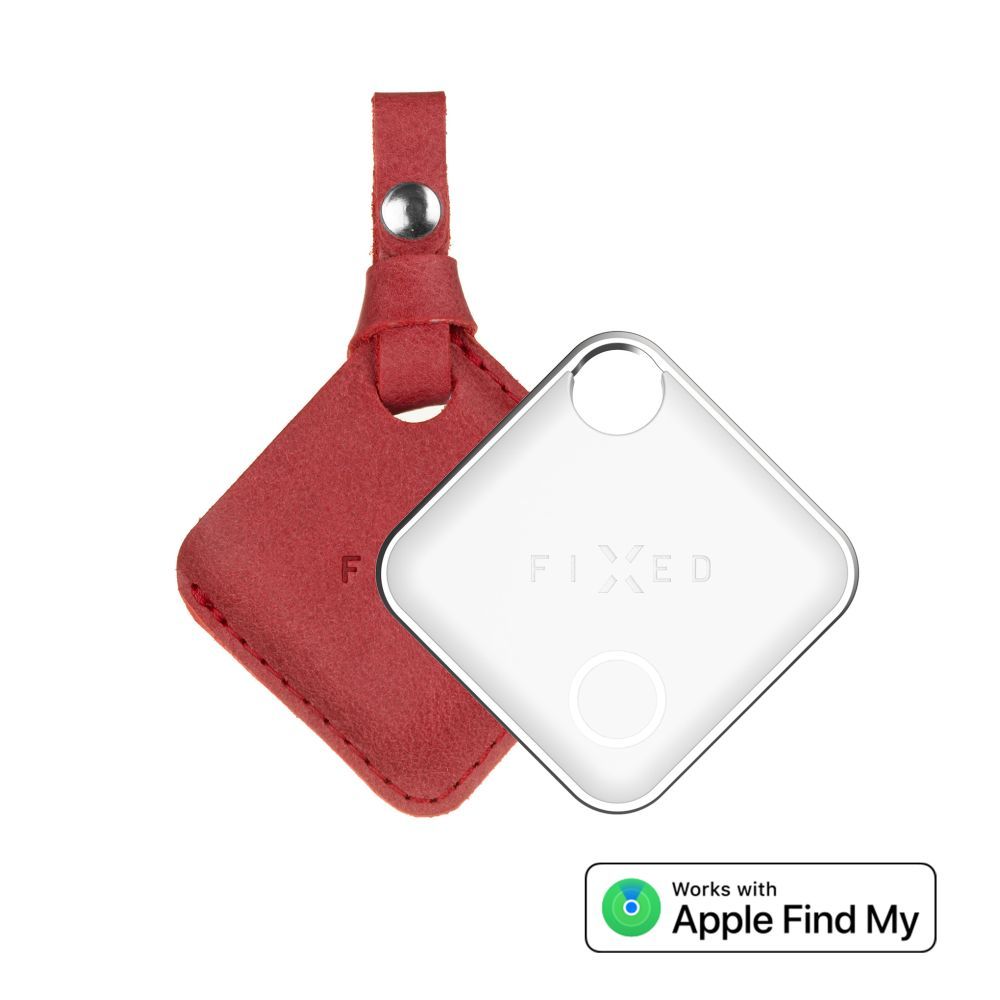 FIXED Tag intelligens helymeghatározó eszköz, Apple Find My applikációval működik, bőr tokkal, piros