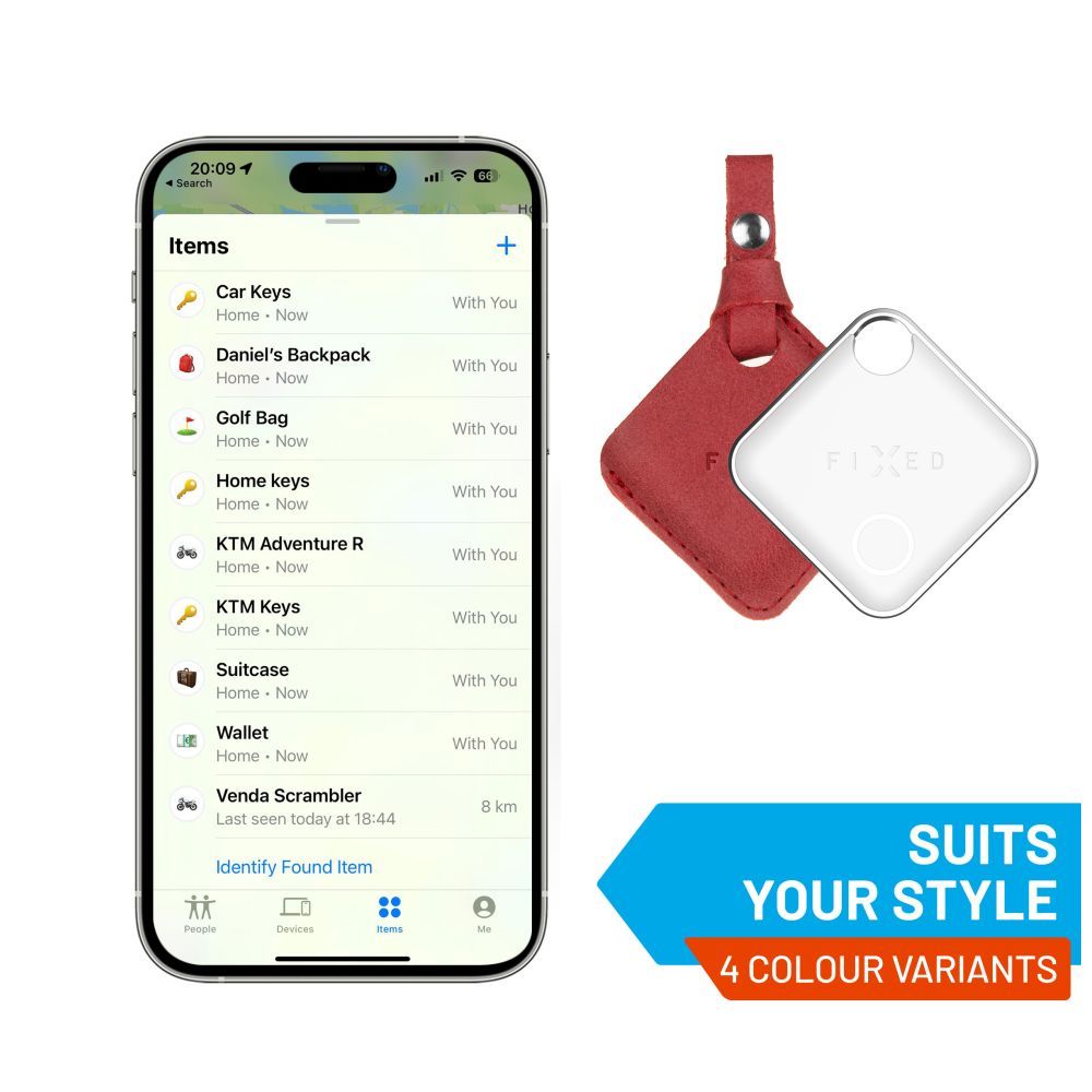 FIXED Tag intelligens helymeghatározó eszköz, Apple Find My applikációval működik, bőr tokkal, piros