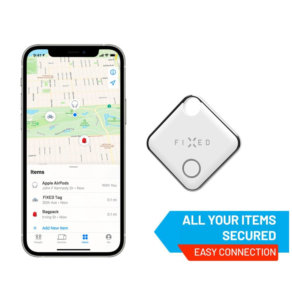 FIXED Tag intelligens helymeghatározó eszköz, Apple Find My applikációval működik,  hat db/csomag, 3x fekete + 3x fehér