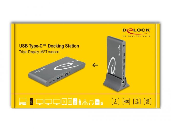 DeLock USB Type-C™ DP 1.4 Docking Station Triple 4K Display - HDMI / DisplayPort / USB / LAN / SD / PD 3.0 Grey