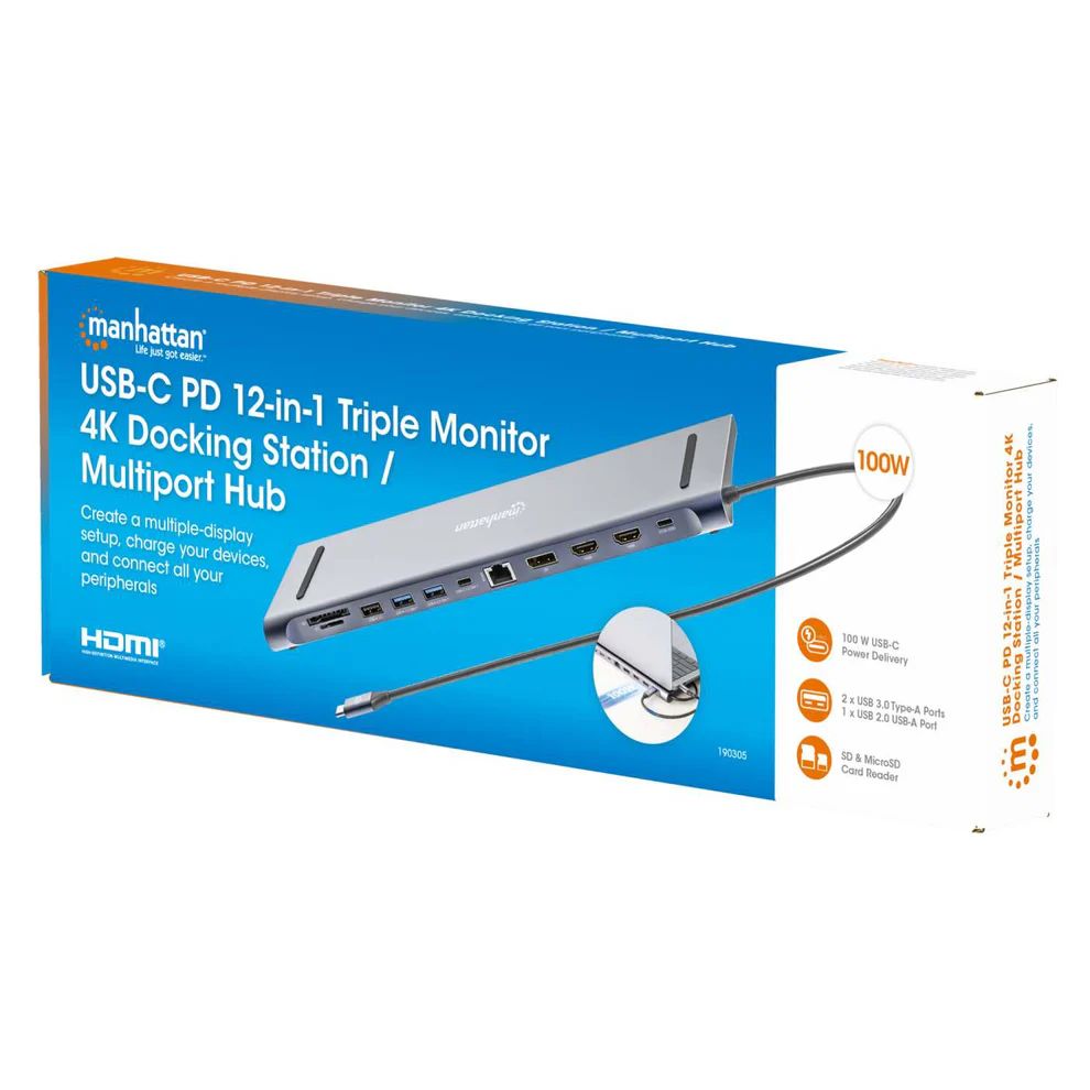 Manhattan USB-C PD 12-in-1 Triple Monitor 4K Docking Station / Multiport Hub