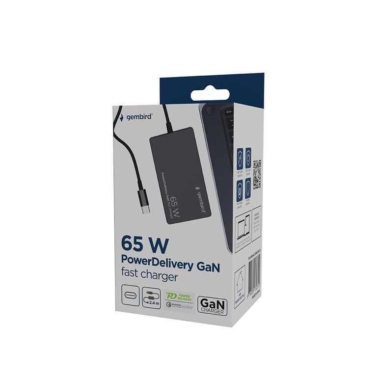 Gembird NPA-AC-PDQC65-01 65 W PowerDelivery GaN USB Type-C fast charger Black