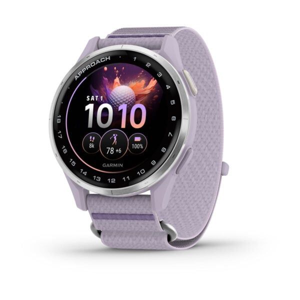 Garmin Approach J1 Silver Aluminum Bezel with Lilac ComfortFit Fabric Band