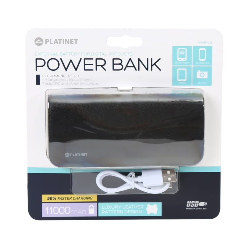 Platinet PMPB11LB Leather 11000mAh PowerBank + microUSB Cable/Type-C Adapter Black