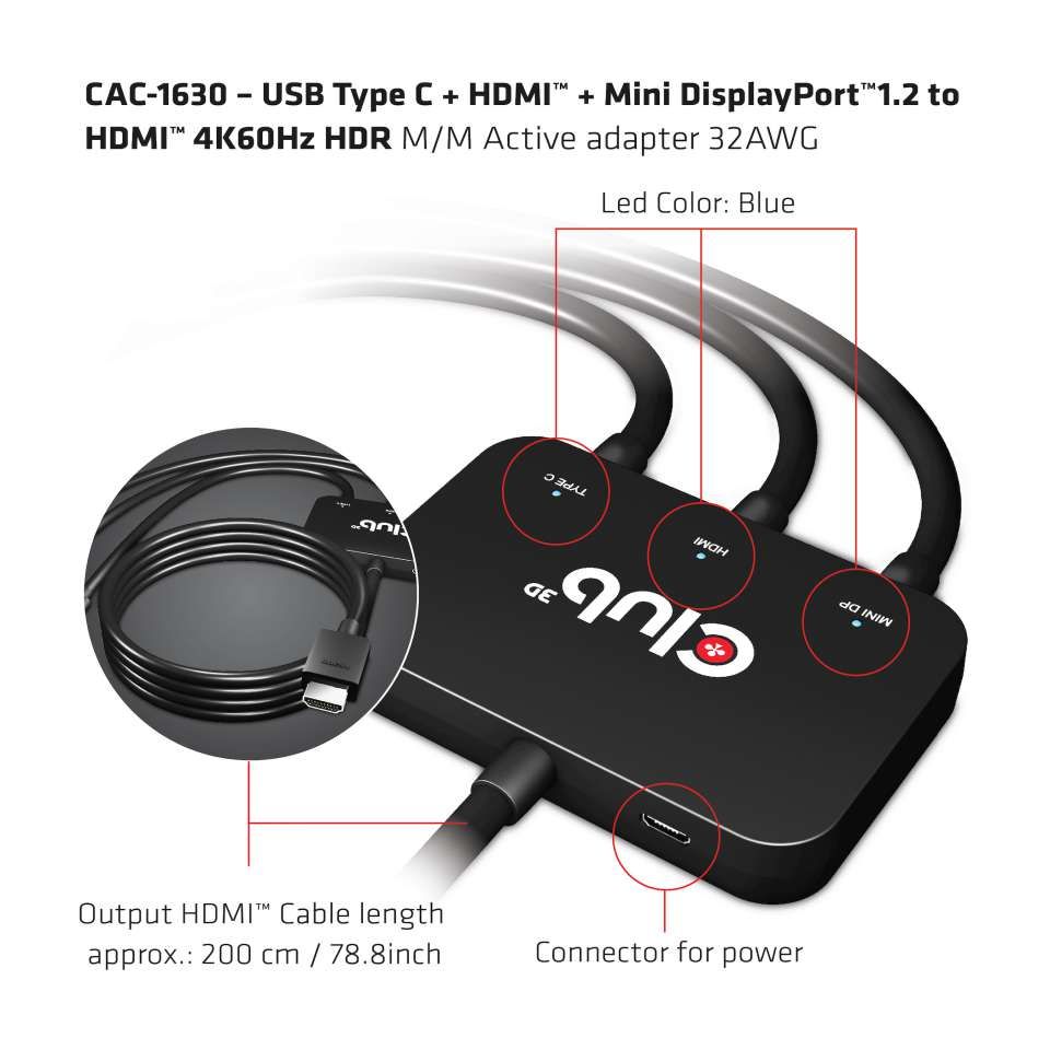 Club3D USB Type C + HDMI + MiniDisplayPort 1.2 to HDMI 4K60Hz HDR M/M Active Adapter Black