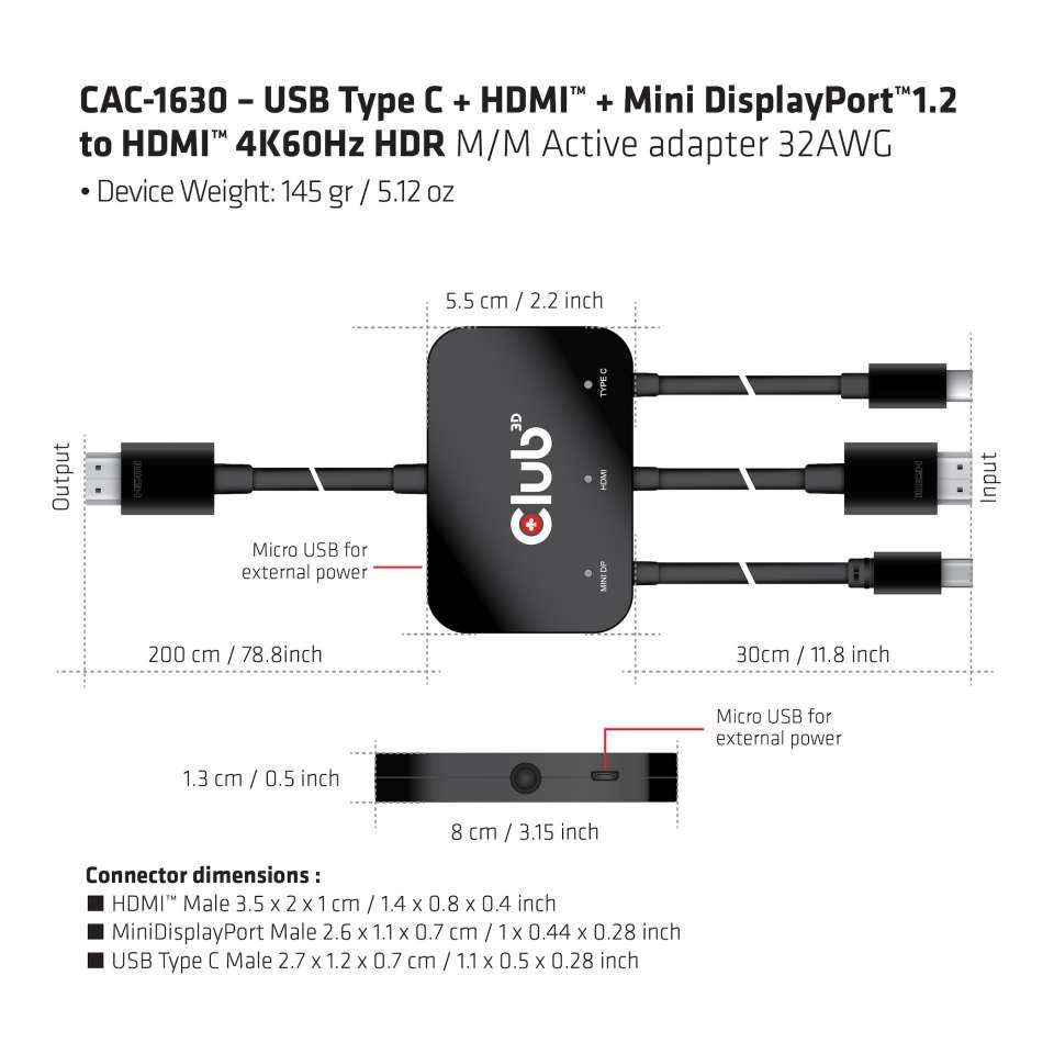 Club3D USB Type C + HDMI + MiniDisplayPort 1.2 to HDMI 4K60Hz HDR M/M Active Adapter Black