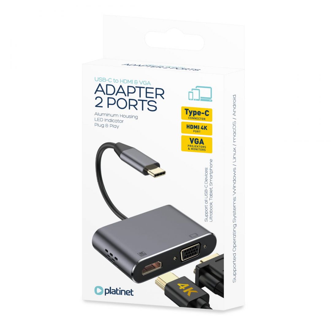 Platinet USB Type-C to HDMI 4K 30Hz and VGA Gray