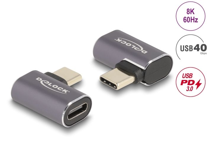 DeLock USB Adapter 40 Gbps USB Type-C PD 3.0 100 W male to female angled left / right 8K 60Hz metal