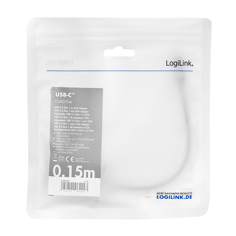 Logilink USB 3.2 Gen1 Type-C adapter C/M to VGA,1080p 0,15m Grey/Black
