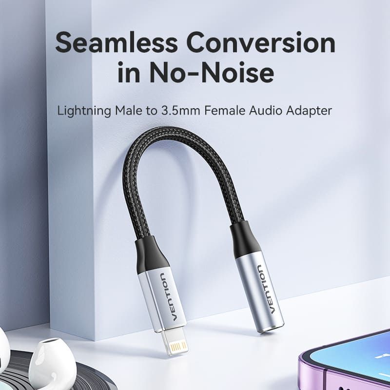 Vention Cotton Braided Lightning Male to 3,5mm Earphone Jack Adapter Aluminum Alloy Type
