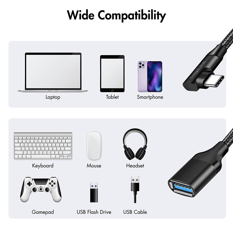 Logilink USB 3.2 Gen2 Type-C adapter, C/M 90° to USB-A/F 0,2m Black