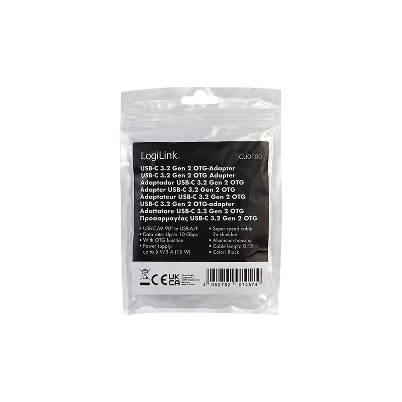 Logilink USB 3.2 Gen2 Type-C adapter, C/M 90° to USB-A/F 0,2m Black