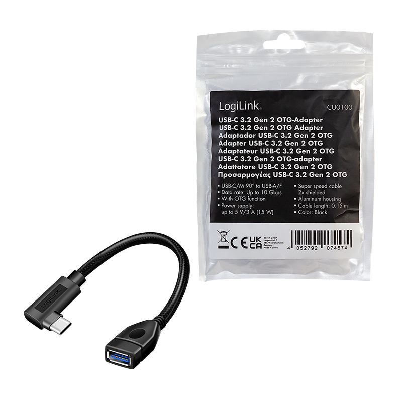 Logilink USB 3.2 Gen2 Type-C adapter, C/M 90° to USB-A/F 0,2m Black