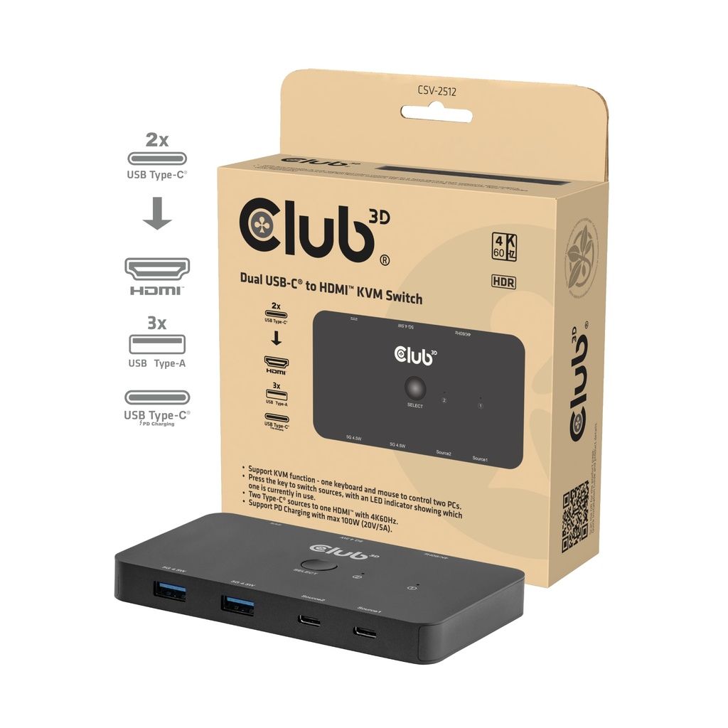 Club3D CSV-2512 KVM Switch Dual USB type C to HDMI 4K 60Hz