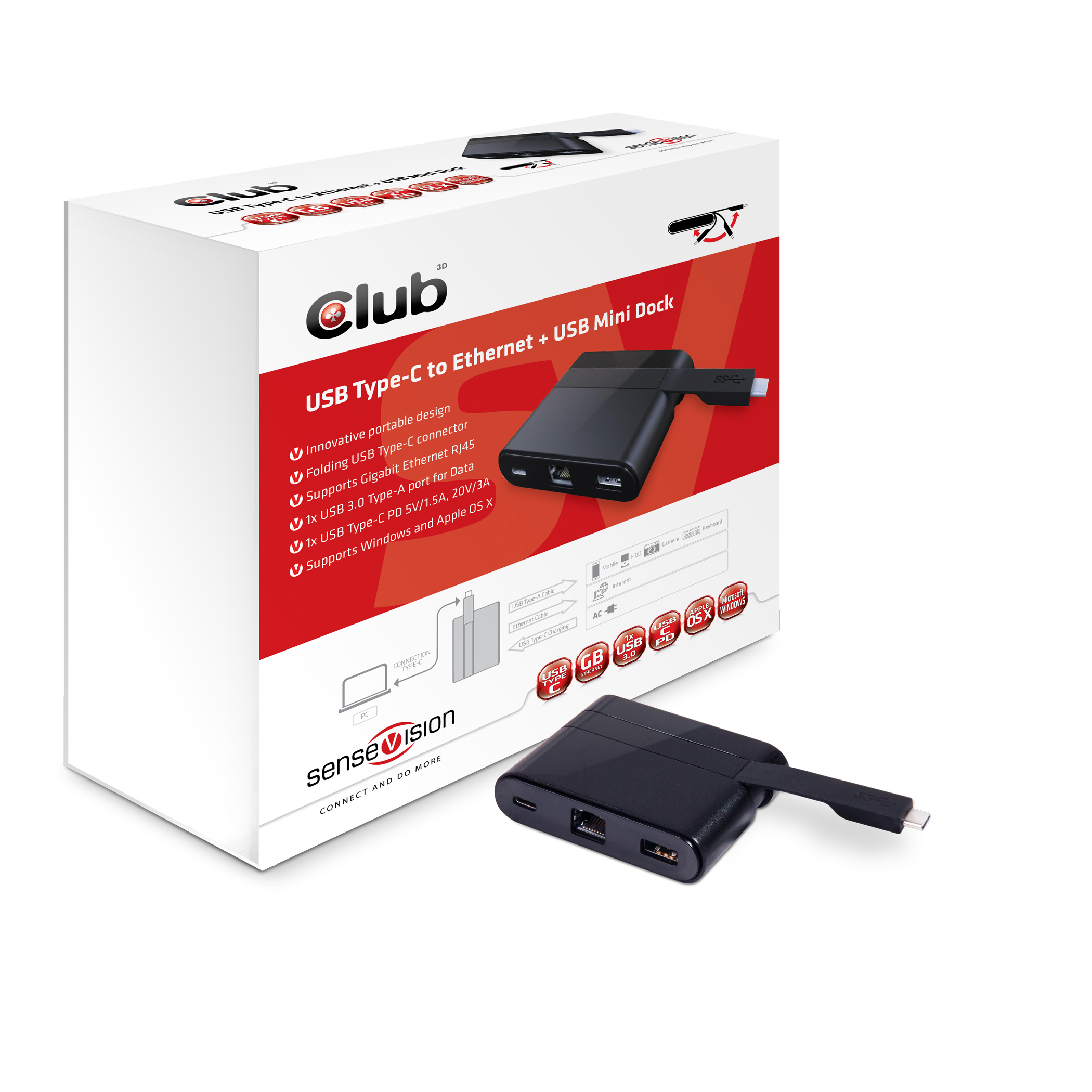 Club3D USB Type-C to Ethernet + USB3.0 + USB Type-C Charging Mini Dock