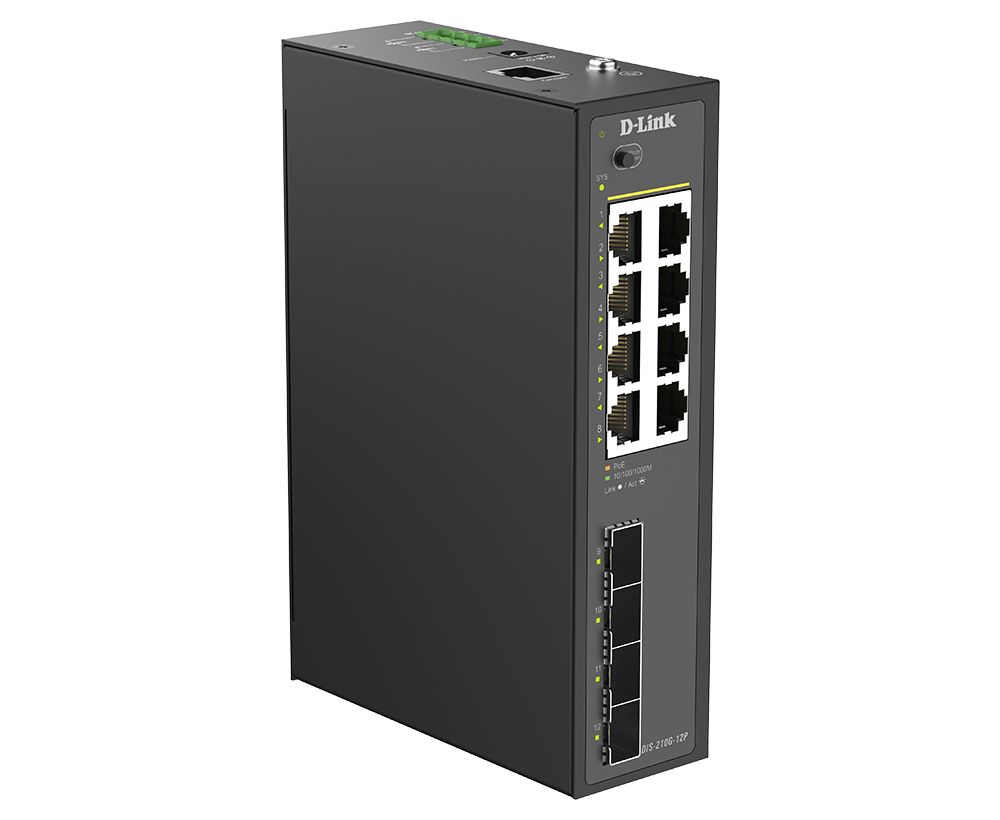D-Link DIS-210G-12P 12-Port Industrial Gigabit Smart Managed PoE+ Switch with 4 SFP