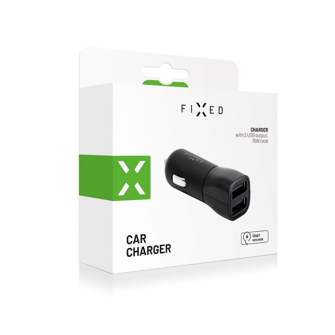 FIXED Autós szivargyújtóról működő töltő  2xUSB kimenet, 15W okos töltés Fekete