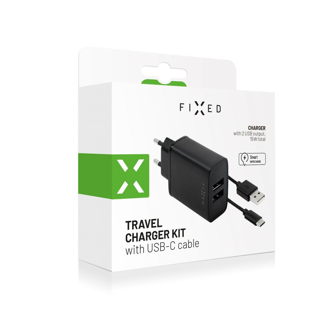 FIXED hálózati USB töltő készlet, 2 db USB kimenet, USB/USB-C 1 méteres kábel, 15W Smart gyors töltés, fekete