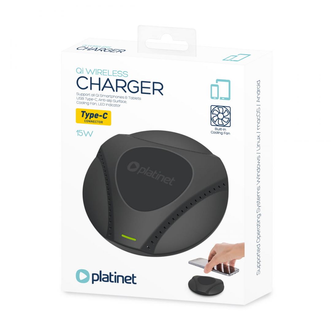 Platinet PWC115B Wireless Charger with Fan Cooling 15W Type-C Black
