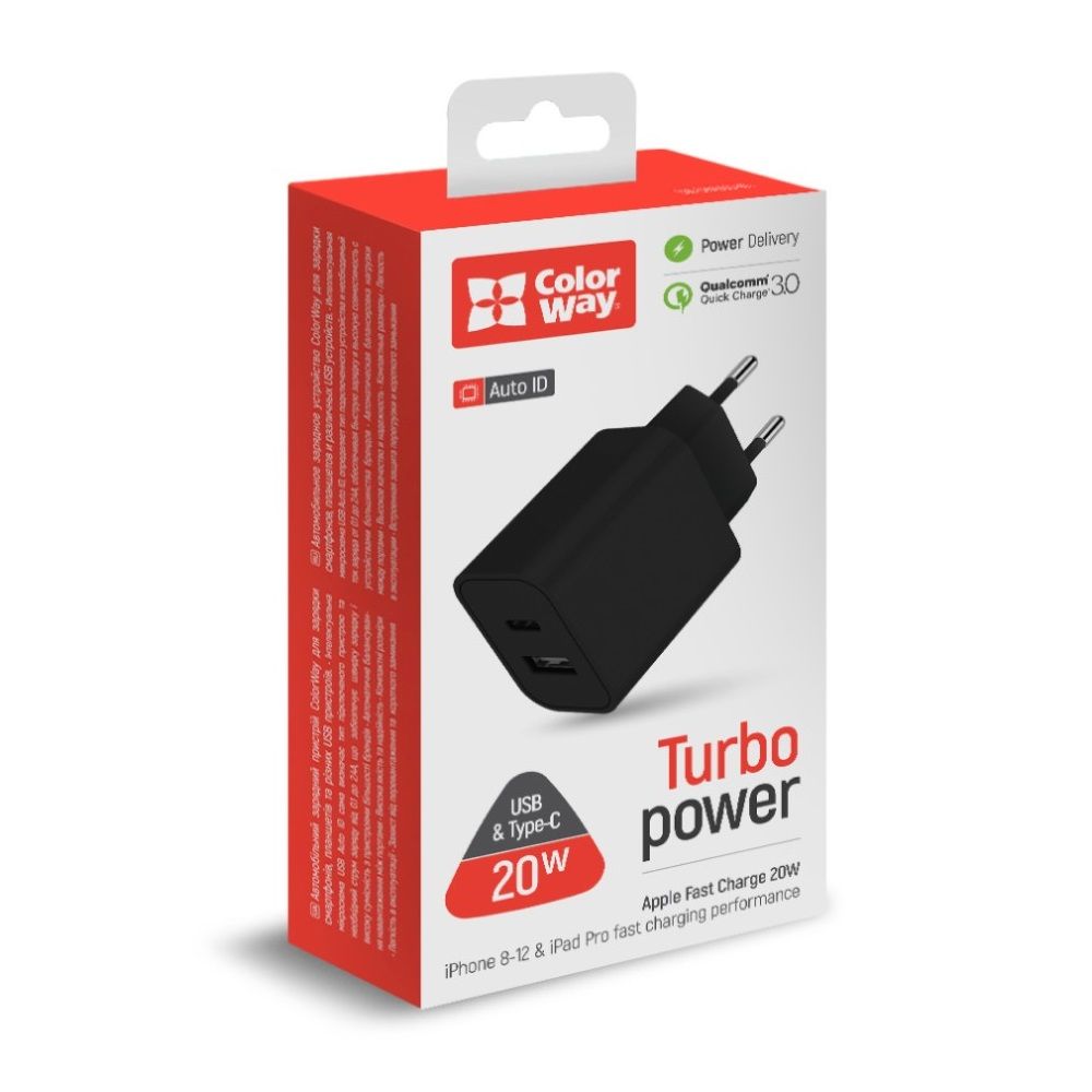 ColorWay USB töltő adapter (Type-C PD + USB QC3.0) (20W) V2 Black