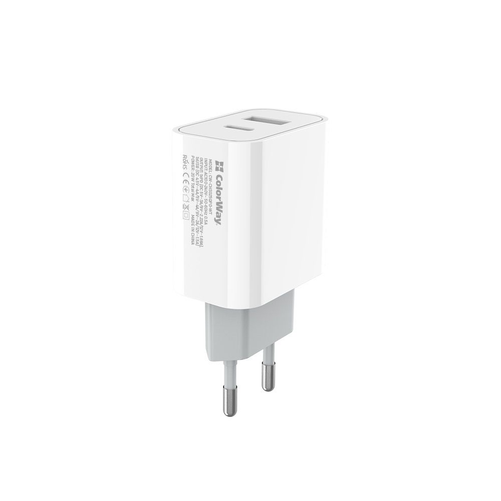 ColorWay USB töltő adapter (Type-C PD + USB QC3.0) (20W) V2 White