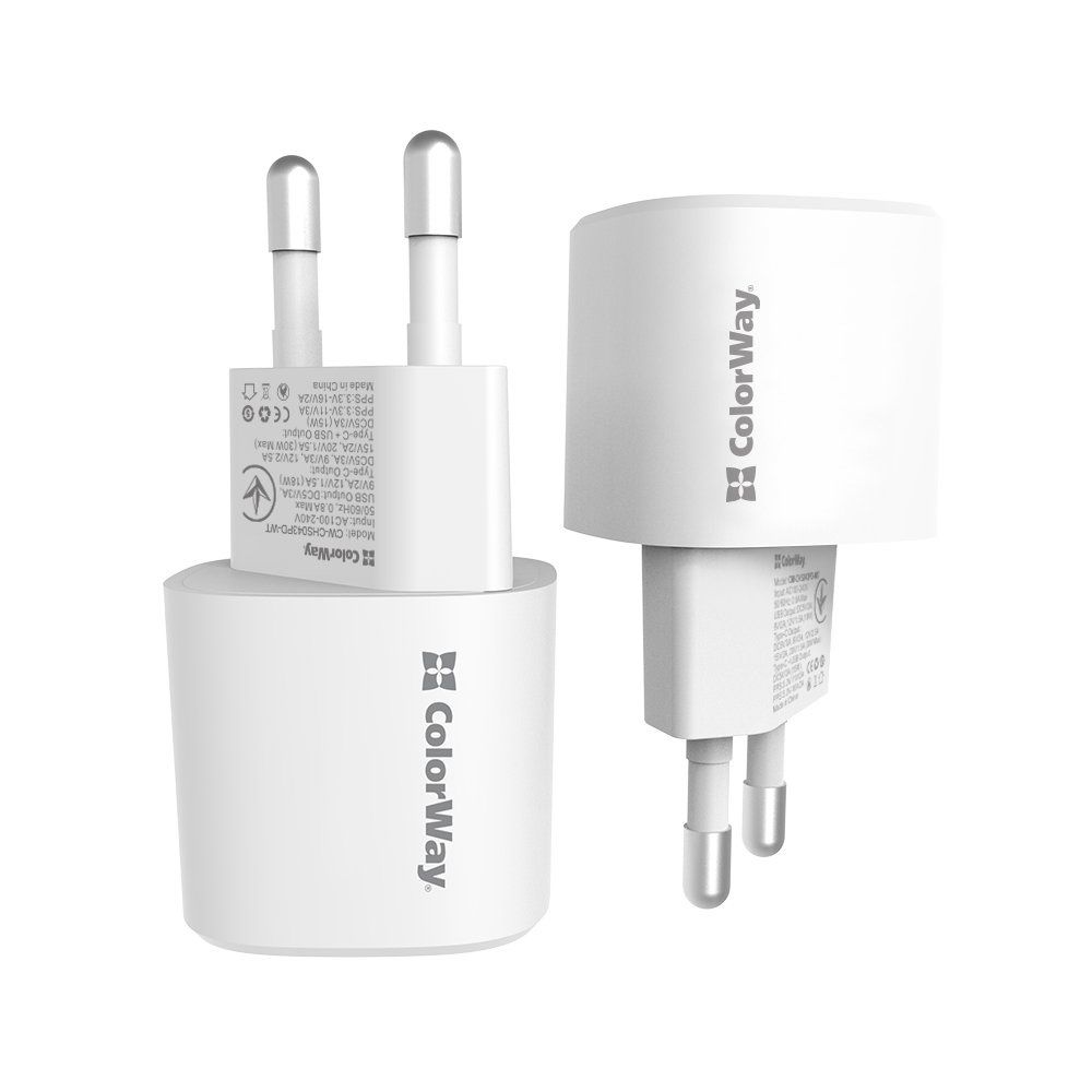 ColorWay USB töltő adapter GaN3 Power Delivery Port PPS USB (Type-C PD + USB QC3.0) (33W) White