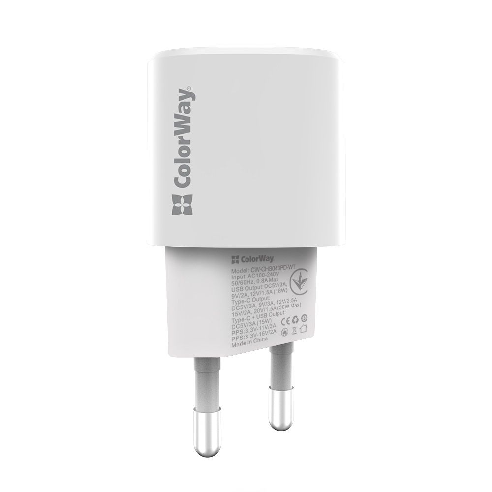 ColorWay USB töltő adapter GaN3 Power Delivery Port PPS USB (Type-C PD + USB QC3.0) (33W) White