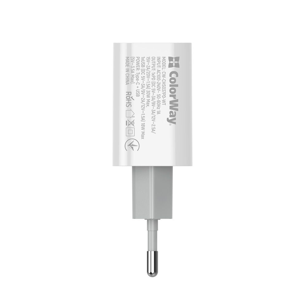 ColorWay USB töltő adapter Power Delivery Port PPS USB (Type-C PD + USB QC3.0) (30W) White