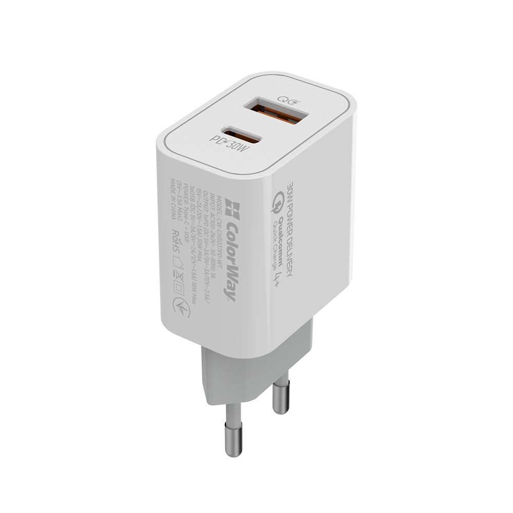 ColorWay USB töltő adapter Power Delivery Port PPS USB (Type-C PD + USB QC3.0) (30W) White