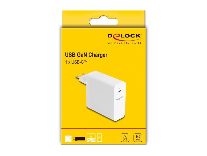 DeLock USB GaN Charger 1xUSB Type-C PD 3.1 with 140W White