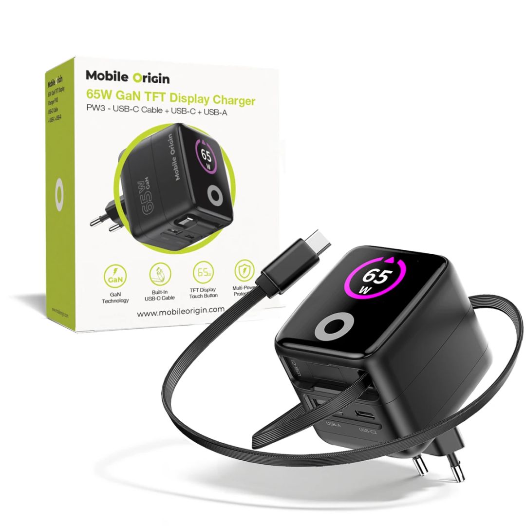 Mobile Origin 65W GaN Display Charger PW3 - USB-C Self-Retracting Cable+USB-C+USB-A Black