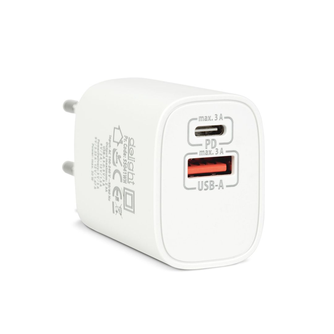 Delight USB Type-C + USB A PD20W Fast charger 20W White