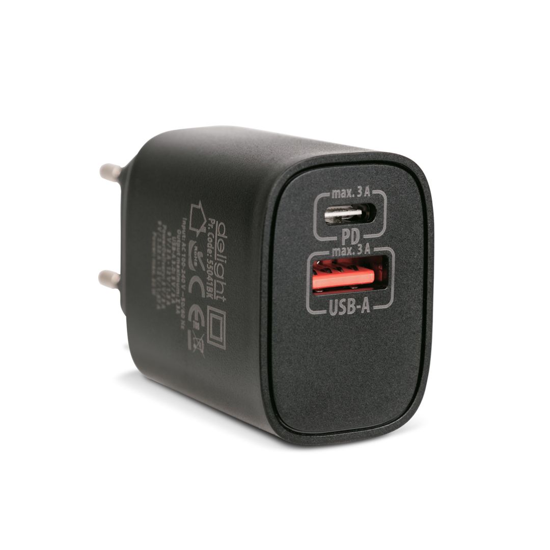 Delight USB Type-C + USB A PD20W Fast charger Black