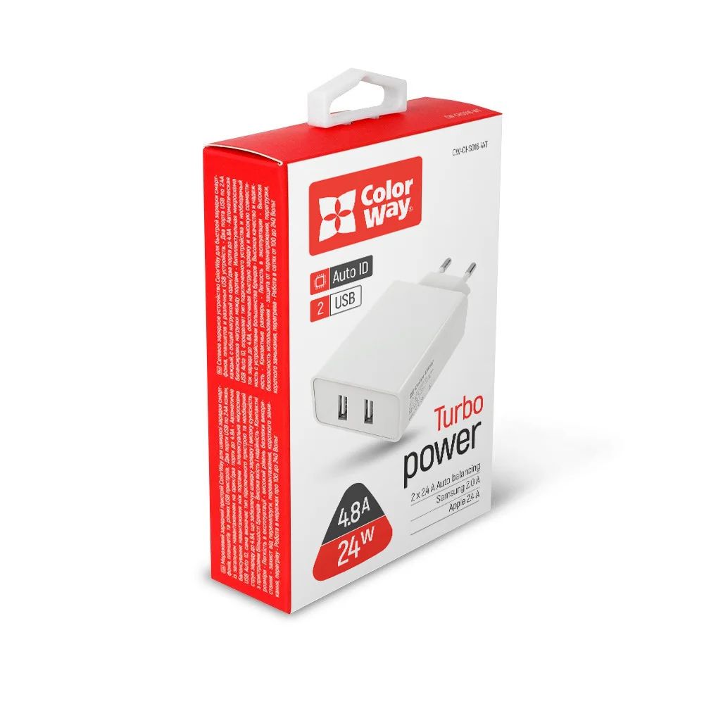 ColorWay AC Charger ColorWay 2USB AUTO ID 4.8A (24W) White