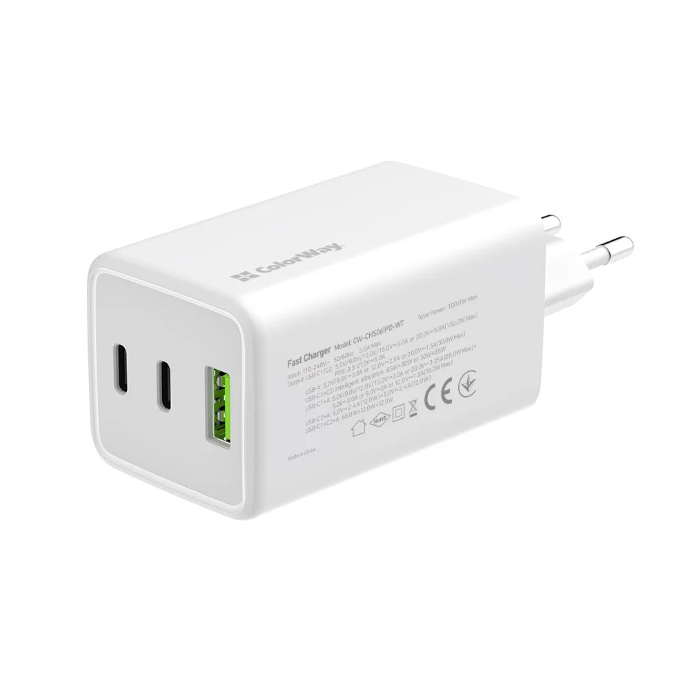 ColorWay AC Charger ColorWay GaN Mini 100W PD Port PPS USB (USB-2C1A) White