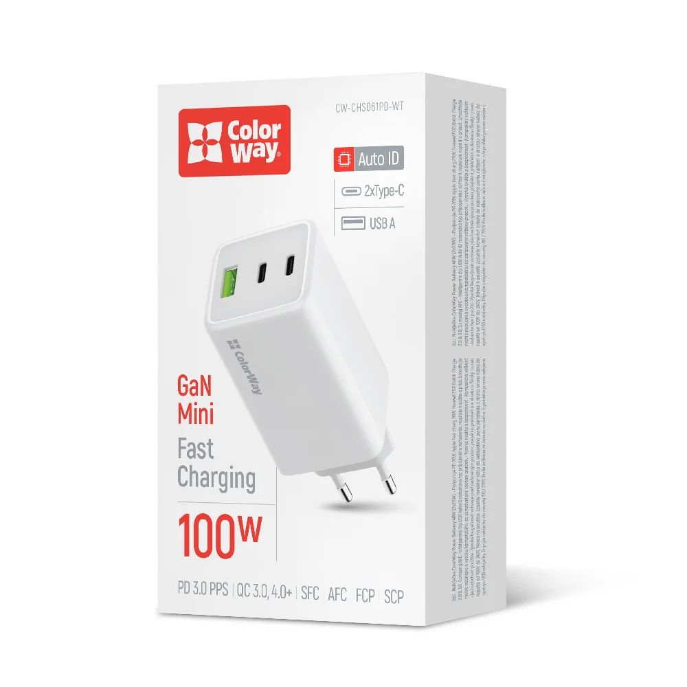 ColorWay AC Charger ColorWay GaN Mini 100W PD Port PPS USB (USB-2C1A) White
