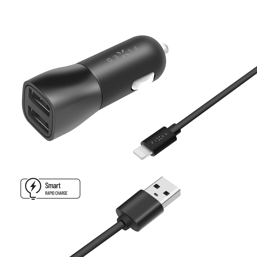 FIXED USB autós töltő, 2*USB-A kimenet, 15W + USB/Lightning kábel, fekete