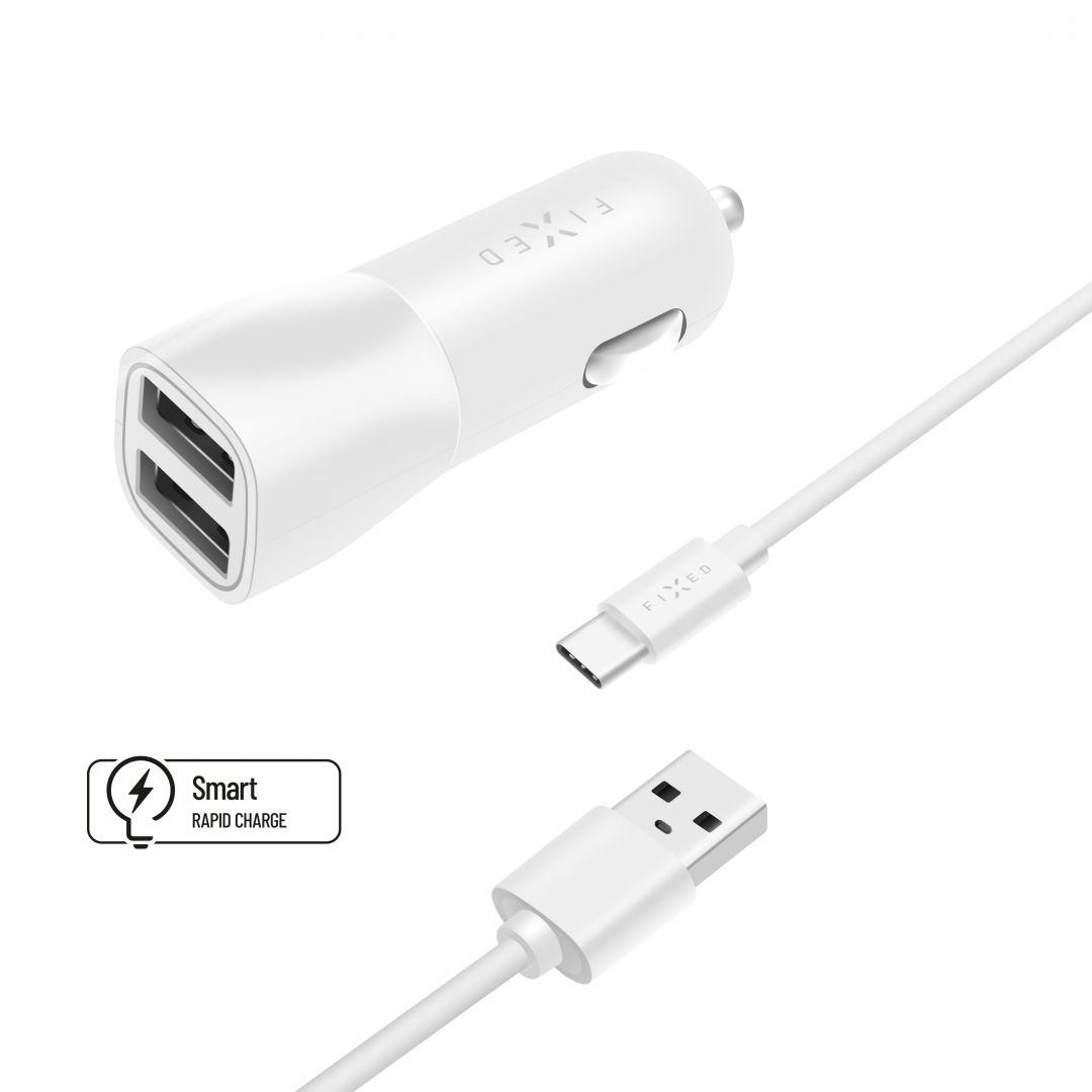 FIXED USB autós töltő, 2 USB kimenet, 15W + USB/USB-C kábel, Fehér